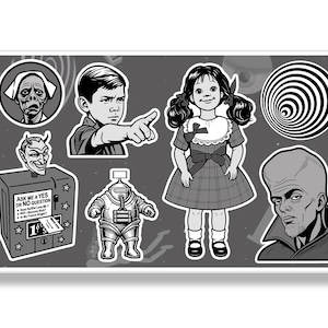 May include: A sticker sheet featuring various black and white illustrations. Included are a zombie-like figure, a boy pointing, a doll, a spiral, a large-headed man, a robot, and a fortune-telling machine with the text "ASK ME A YES OR NO QUESTION".