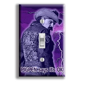 May include: A light switch cover featuring a stylized image of a man in a cowboy hat and jacket, set against a purple background with lightning bolts. The text "PIGPEN says it's OK" is at the bottom.