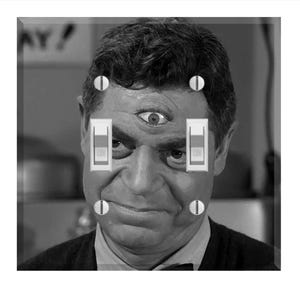 May include: A black and white light switch cover featuring a man's face with a third eye and light switches replacing his eyes. The cover has six small, round screws and is a humorous, surreal design.
