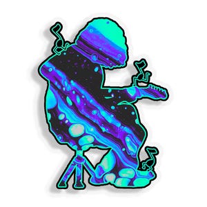 May include: A sticker featuring a musician playing an instrument, rendered in a vibrant, swirling pattern of blues, purples, and teals. The musician is outlined in black with musical notes floating around. The sticker is on a white background.