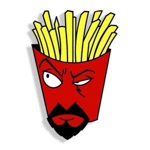 May include: A cartoon illustration of a red french fry container with a face, black beard, and yellow fries. The character has an angry expression with one eye open and the other winking.