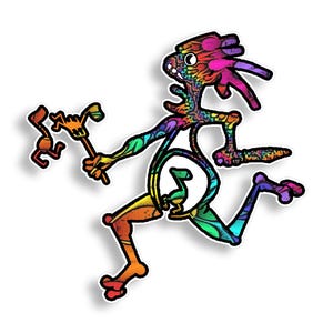 May include: A colorful sticker featuring a stylized, running creature with a long tail and a staff. The creature is rendered in a vibrant rainbow pattern with black outlines. The sticker has a white border and a shadow effect.
