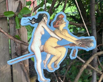 Witches Riding a Broom Goth Pagan Witch Hanging Wood Wall Decor