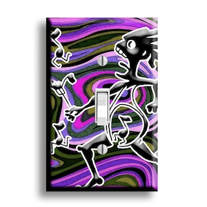 May include: A decorative light switch cover featuring a black and white cartoon figure against a swirling background of purple, pink, and green. The switch is in the "off" position.