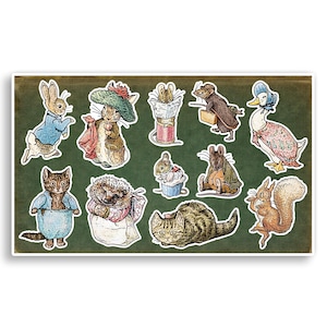May include: A collection of vintage-style animal stickers, including a rabbit in a blue coat, a cat in a blue jacket, a hedgehog, a squirrel, and a duck. The stickers are set against a dark green background with a white border.