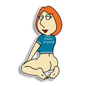 May include: A cartoon sticker of a woman with orange hair and a blue shirt that says "Doin' it Good". The woman is in a kneeling position with her legs bent and feet visible. The sticker has a white border.