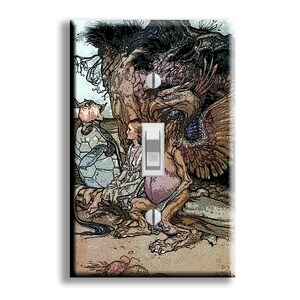 May include: A decorative light switch cover featuring a fantasy illustration. The artwork depicts a griffin, a turtle-like creature, and a person in a detailed, vintage style. The color palette includes browns, tans, and muted blues.