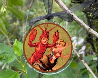 Lobster Boy Meets Escargot Girl Coastal Beach Home Holiday Ornament Hanging Charm Decor