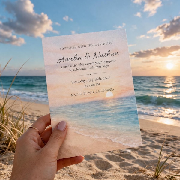 Editable Beach Wedding Invitation | Ocean Sunset Canva Template (Digital Download)