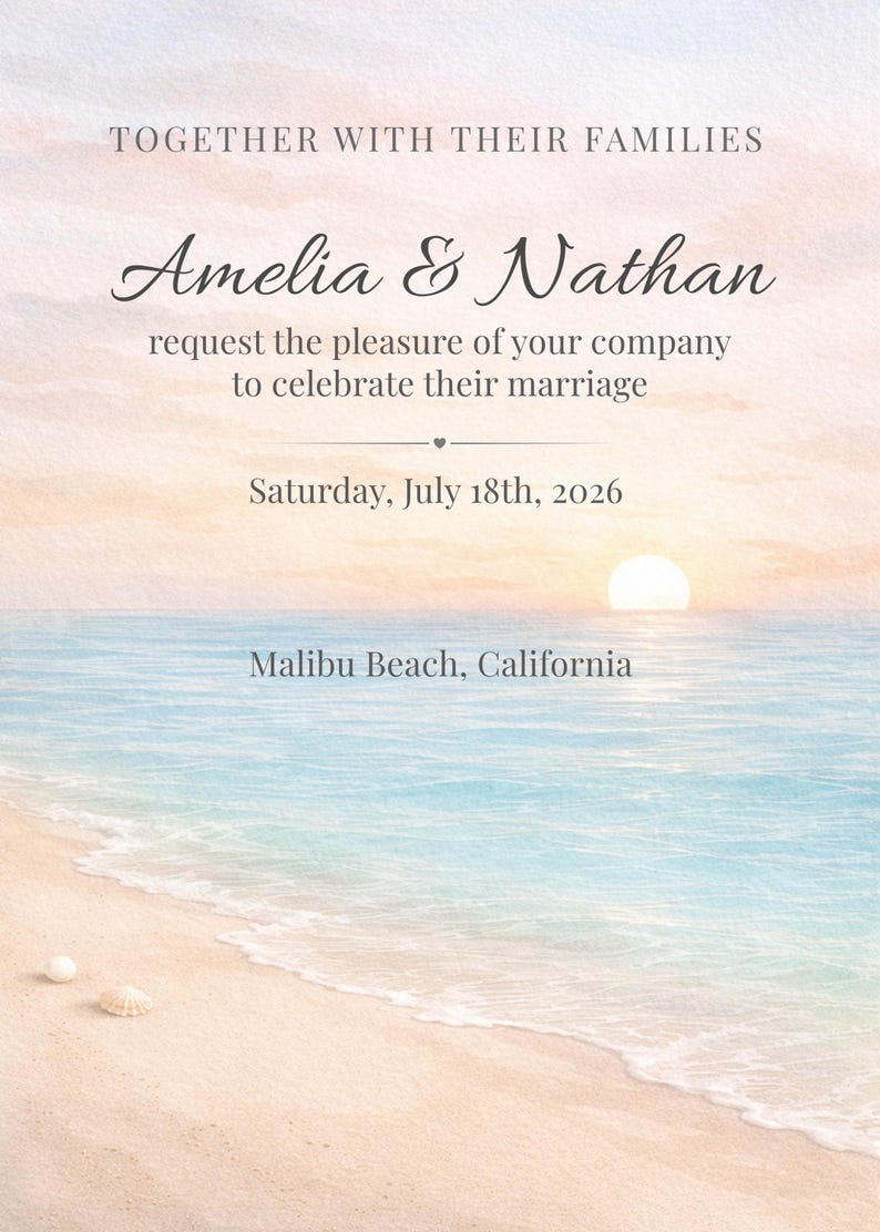 Editable Beach Wedding Invitation | Ocean Sunset Canva Template ...