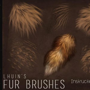 May include: A set of digital fur brushes for use in digital art programs. The brushes are shown on a brown background with examples of the different brush strokes. The text "Lhuin's Fur Brushes" is at the bottom of the image. Instructions and tips are included.