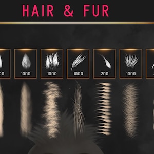 Op de afbeelding: Een set van 10 digitale penselen voor het maken van haar- en vachttexturen. De penselen worden in twee rijen weergegeven, waarbij de bovenste rij de penseelpunt laat zien en de onderste rij een voorbeeld laat zien van de textuur die door het penseel is gemaakt. De penseelgroottes worden onder elke penseelpunt weergegeven.