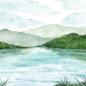 Watercolor Lake and Mountains Clipart: Summer Landscape (JPG, AI, EPS)