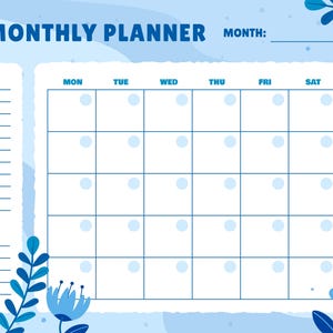 Peut inclure: Un planificateur mensuel bleu clair avec le texte "MONTHLY PLANNER" en haut. Le planificateur comprend une grille de calendrier, une liste de tâches et une section de notes. Des éléments floraux bleus décorent le planificateur.