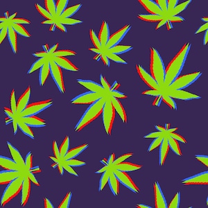 May include: A repeating pattern of green cannabis leaves with red and blue outlines on a dark purple background. The leaves are stylized with a 3D effect, creating a vibrant and eye-catching design. This pattern is suitable for various applications.
