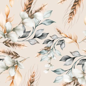 May include: A seamless pattern featuring watercolor illustrations of wheat stalks, leaves, and flowers in shades of brown, gray, and white on a beige background.