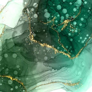May include: Abstract art painting with green and gold colors. The painting features swirling patterns and gold accents.