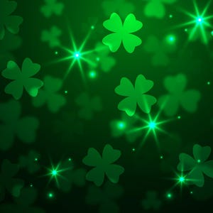 May include: A green background with a pattern of four-leaf clovers and sparkling lights.