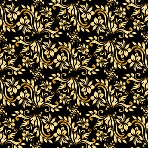 Puede incluir: Un patrón sin costuras que presenta intrincados diseños florales dorados sobre un fondo negro. El patrón está formado por flores, hojas y enredaderas estilizadas, creando un aspecto lujoso y elegante.