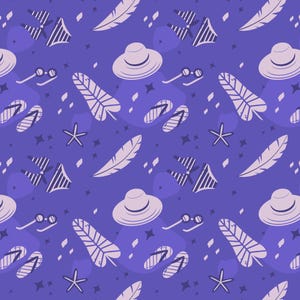 May include: A repeating pattern on a purple background features beach-themed illustrations. The design includes white hats, sunglasses, flip-flops, feathers, starfish, and bikini tops. The overall theme is summer and vacation.