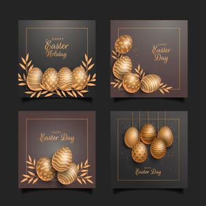 Disposition de carte de Pâques, oeufs d'or, clipart de vacances, carte de Pâques de vecteur, salutation, flyer, dépliant pour les amis, carte de Pâques, carte de voeux de Pâques