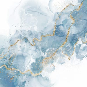 May include: Abstract blue and gold watercolor painting with swirling patterns and gold glitter accents.