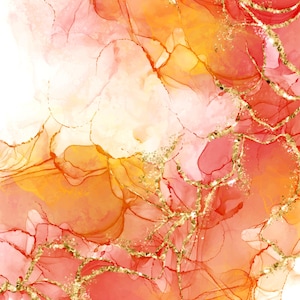 May include: Abstract art print with a pink, orange, and gold colour scheme. The print features flowing lines and swirls, reminiscent of marble or agate.