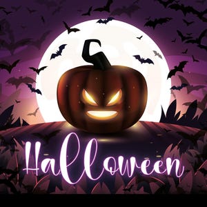 Carte de voeux « Halloween ». Le dos de la carte est net, Félicitations pour ces vacances, Carte avec une citrouille, Invitation à une fête