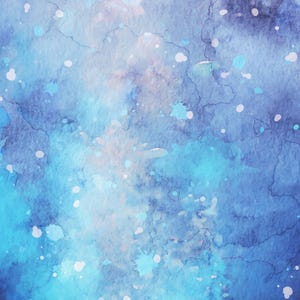 May include: Abstract watercolor background with shades of blue, purple, and white. The background has a mottled, textured appearance with splatters of paint.