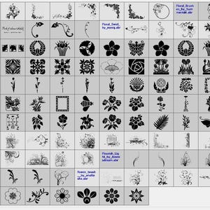 May include: A grid of black floral design elements, including flowers, leaves, and decorative borders. The image features various styles, from simple outlines to more detailed illustrations, suitable for digital art or design projects.
