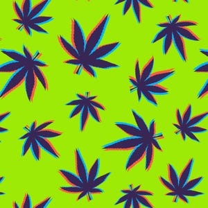 May include: A seamless pattern of green marijuana leaves with a 3D effect. The leaves are outlined in blue, red, and white, creating a psychedelic look.