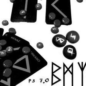 May include: Black and white image of rune stones and cards. The cards have geometric symbols and text. Small, dark red stones are scattered around the cards. The text "alexandra stock" is in the image.