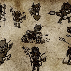 May include: A sepia-toned illustration featuring various cartoon devils. The devils are depicted with horns, pitchforks, and wings, some holding beer mugs or riding a motorcycle. The artwork has a vintage, tattoo-inspired aesthetic.
