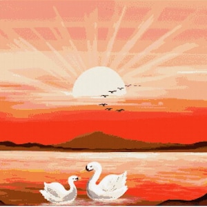 Sunset Swans Cross Stitch Pattern, PDF Digital Download, Swan Embroidery Chart, Modern Counted Cross Stitch, Instant Download