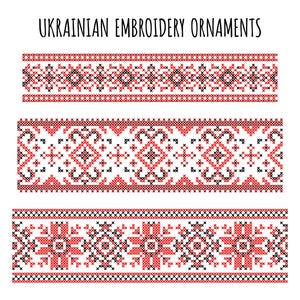 May include: Three Ukrainian embroidery ornament designs in red, black, and white. The top design features a repeating geometric pattern. The middle design has a more complex, stylized floral pattern. The bottom design showcases a large floral motif.