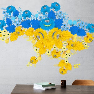 Pegatinas de pared para interiores Mapa de Ucrania Flores, pegatinas de calidad símbolos nacionales de Ucrania, pegatinas de pared azules y amarillas, Ucrania tradicional