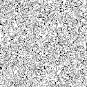 May include: Black and white abstract pattern featuring eyes, triangles, and geometric shapes. The design is intricate, with a variety of lines and forms creating a complex visual texture. The overall theme is artistic and psychedelic.