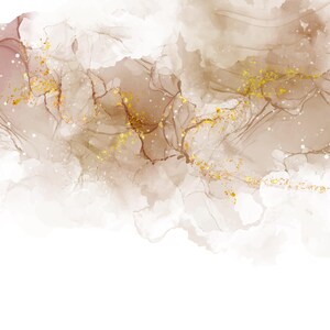 May include: Abstract art print with brown and gold watercolor paint. The paint has a flowing, organic shape and is reminiscent of clouds or smoke.