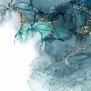May include: Abstract art print featuring swirling blue and green paint with gold accents. The colors are reminiscent of ocean waves and the gold accents add a touch of luxury.