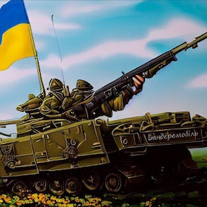 Grußkarte "Happy Tanker's Day" Blankokarte auf der Rückseite, Beschriftung in Ukrainisch Banderomobile. Thematische Karte. Geschenk für einen Mann des Militärs