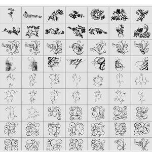 May include: A grid of black and white decorative design elements. The designs include floral patterns, flourishes, and stylized letterforms. The elements are arranged in a grid, suitable for digital design or crafting projects.