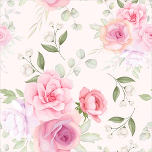May include: A seamless pattern featuring pink and white flowers with green leaves on a white background. The flowers are in various stages of bloom, with some fully open and others still in bud.