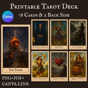 Può includere: Mazzo di tarocchi stampabile con 78 carte e 2 disegni sul retro. Il mazzo include carte come La Torre, La Sacerdotessa e Il Mondo. Il link Canva è incluso. Le carte hanno un'estetica vintage.