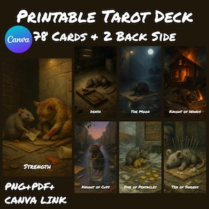 May include: Printable Tarot Deck featuring 78 cards and 2 back sides. The deck includes cards with illustrations of rats, cats, and other imagery. The cards are labeled with titles such as "Strength", "Death", and "The Moon".