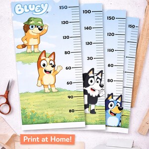 May include: Printable height chart featuring Bluey characters, with measurements up to 150 inches. Includes print-ready A4 PDFs. The chart has a blue and white design with cartoon characters and the text "Printable Height Chart".