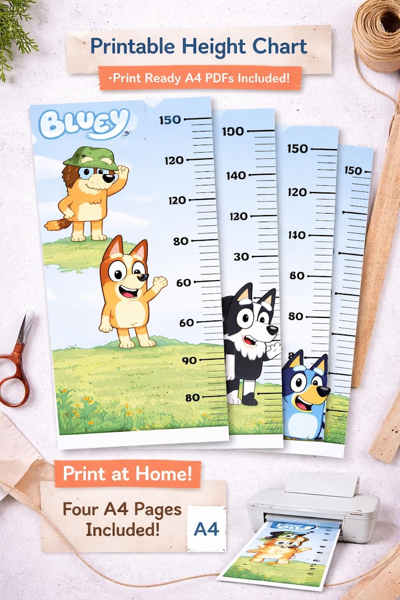 May include: Printable height chart featuring Bluey characters, with measurements up to 150 inches. Includes print-ready A4 PDFs. The chart has a blue and white design with cartoon characters and the text "Printable Height Chart".