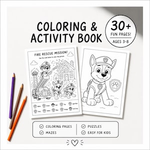 Puede incluir: Un libro para colorear y actividades para niños con el texto "COLORING & ACTIVITY BOOK" y "30+ FUN PAGES! AGES 3-8". El libro incluye páginas para colorear, laberintos y rompecabezas. La imagen muestra una escena de rescate de incendios y un perro de dibujos animados.