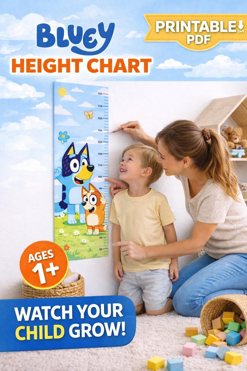 May include: A Bluey-themed height chart with a blue background, featuring Bluey and Bingo characters. The chart includes measurement markings and the text "WATCH YOUR CHILD GROW!" and "AGES 1+". A child is being measured against the chart.