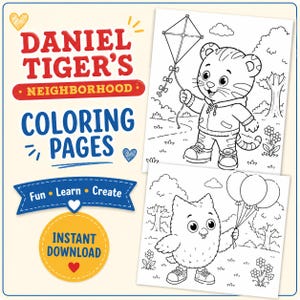 Op de afbeelding: Een promotieafbeelding voor Daniel Tiger's Neighborhood kleurplaten. De afbeelding bevat de tekst "Daniel Tiger's Neighborhood Coloring Pages" en "Instant Download". Er worden twee kleurplaten getoond, een met Daniel Tiger en een vlieger, en een andere met een uil die ballonnen vasthoudt.