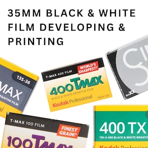 May include: Various boxes of 35mm black and white film, including Kodak T-Max 400 and 100, and other brands. The image also includes the text "35MM BLACK & WHITE FILM DEVELOPING & PRINTING."